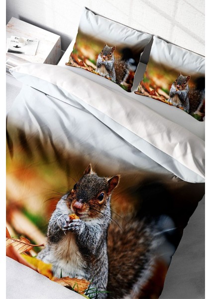 Çift Kişilik Sık Dokuma Pamuk Saten 3D Özel Tasarım Sincap Nevresim Takımı