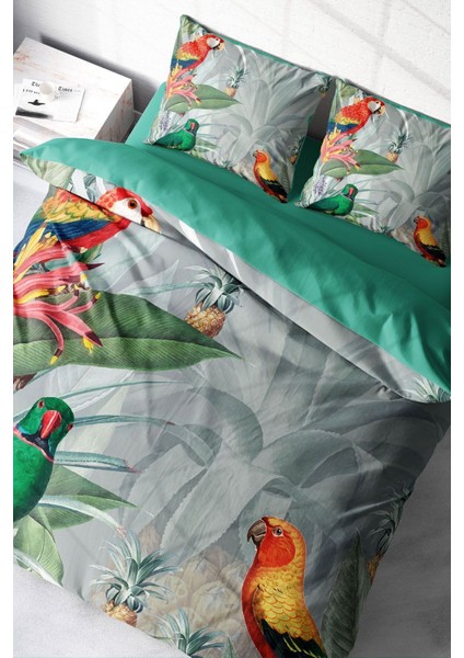 Lastikli Çarşaflı Pamuk Saten Çift Kişilik Parrot World Nevresim Takımı