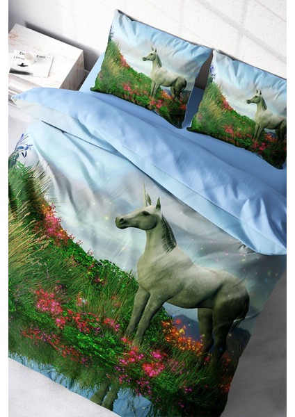 Lastikli Çarşaflı Pamuk Saten Çift Kişilik Unicorn Nevresim Takımı