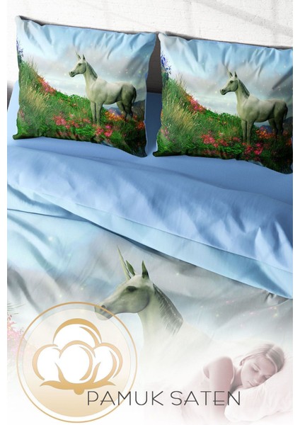 Lastikli Çarşaflı Pamuk Saten Çift Kişilik Unicorn Nevresim Takımı fırsatları