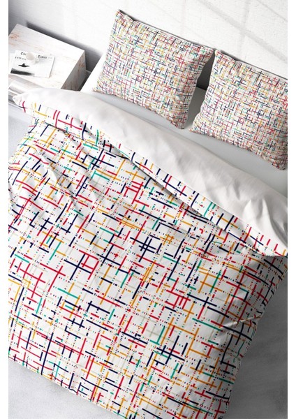 Lastikli Çarşaflı Pamuk Saten Çift Kişilik Colorful Lines Nevresim Takımı