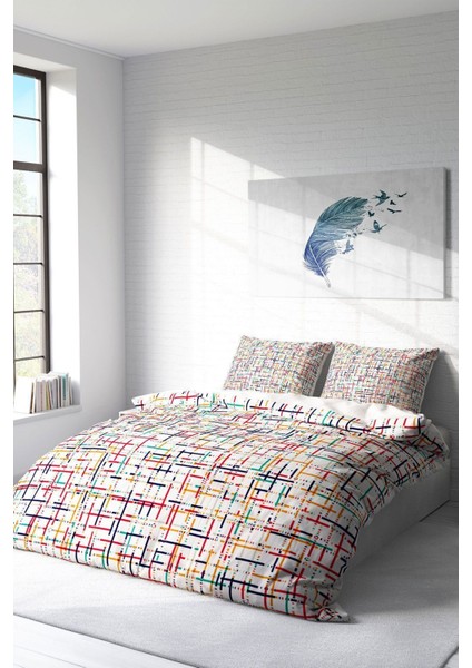 Lastikli Çarşaflı Pamuk Saten Çift Kişilik Colorful Lines Nevresim Takımı fiyatları