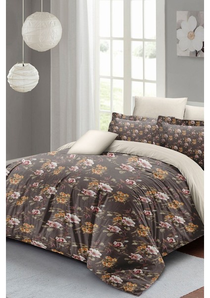 Çift Kişilik Lastikli Çarşaflı Pamuk Saten Retro Flowers Luxury Nevresim Takımı