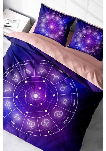 Lastikli Çarşaflı Pamuk Saten Çift Kişilik Astroloji Nevresim Takımı