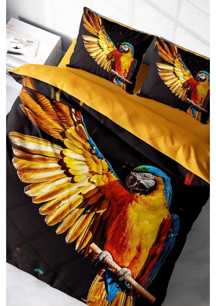 Lastikli Çarşaflı Pamuk Saten Çift Kişilik Macaw Parrot Nevresim Takımı