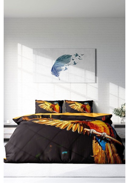 Lastikli Çarşaflı Pamuk Saten Çift Kişilik Macaw Parrot Nevresim Takımı