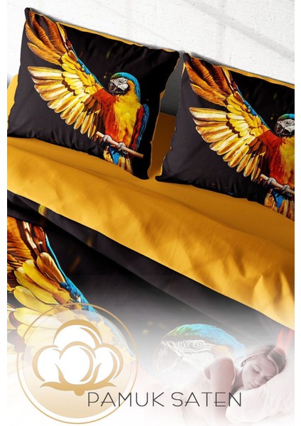 Lastikli Çarşaflı Pamuk Saten Çift Kişilik Macaw Parrot Nevresim Takımı