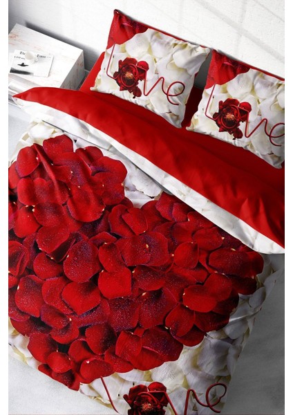 Çift Kişilik Sık Dokuma Pamuk Saten 3D Özel Tasarım Heart Rose Nevresim Takımı
