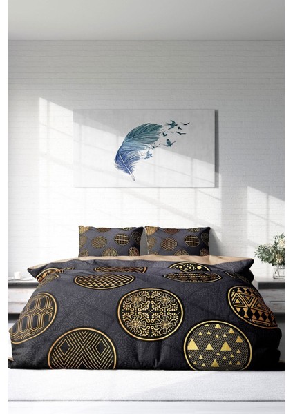 Çift Kişilik Sık Dokuma Pamuk Saten 3D Özel Tasarım Gold Black Circle Nevresim Takımı modelleri