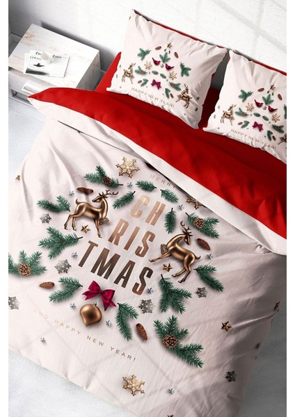 Yılbaşı Süsü White Noel Pamuk Saten 3D Çift Kişilik Nevresim Takımı
