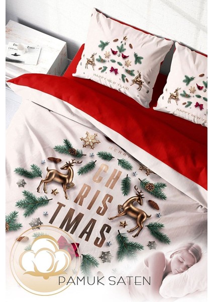 Yılbaşı Süsü White Noel Pamuk Saten 3D Çift Kişilik Nevresim Takımı