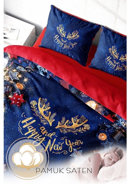 Yılbaşı Süsü Happy Noel Pamuk Saten 3D Çift Kişilik Nevresim Takımı fırsatları