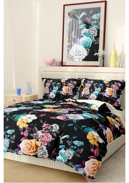 Pamuk Saten Lastikli Çarşaf Deluxe Çift Kişilik 3D Black Nevresim Takımı