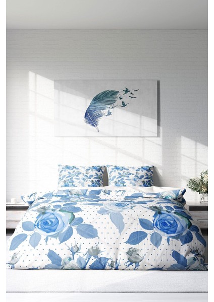 Çift Kişilik Lastikli Çarşaflı Pamuk Saten Blue Rose Freshness Nevresim Takımı