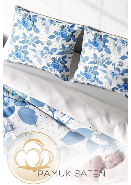 Çift Kişilik Lastikli Çarşaflı Pamuk Saten Blue Rose Freshness Nevresim Takımı fırsatları