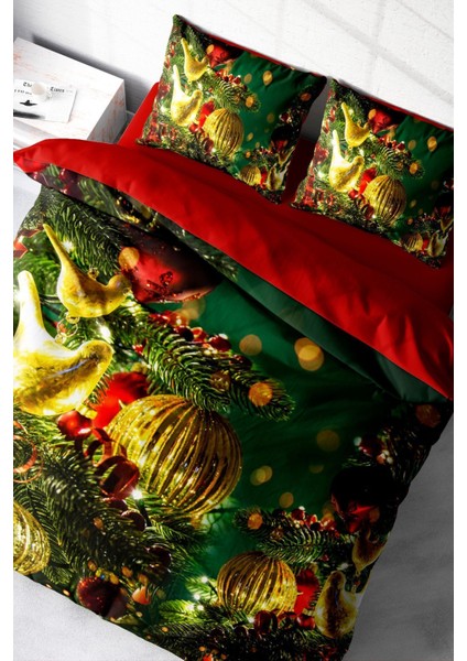 Yılbaşı Çift Kişilik Nevresim Lastikli Çarşaflı Pamuk Saten Green Decorations Nevresim Takımı