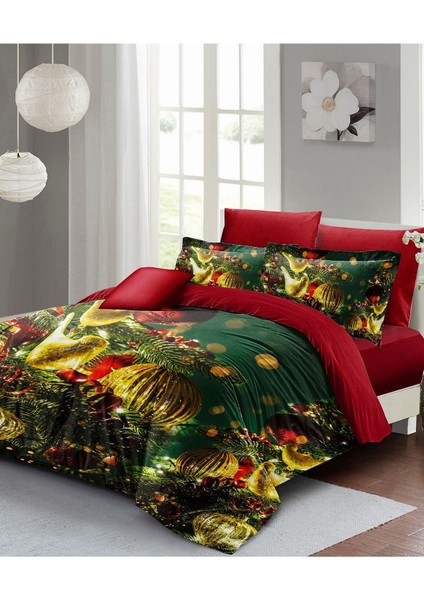 Yılbaşı Çift Kişilik Nevresim Lastikli Çarşaflı Pamuk Saten Green Decorations Nevresim Takımı modelleri