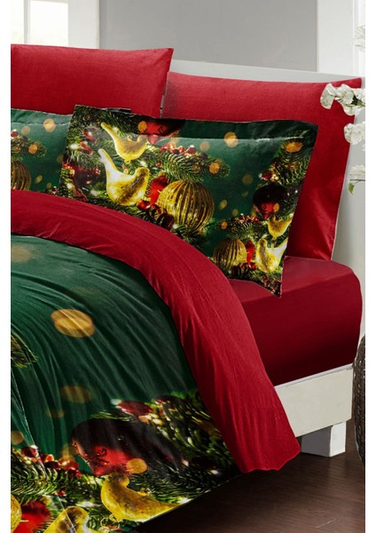 Yılbaşı Çift Kişilik Nevresim Lastikli Çarşaflı Pamuk Saten Green Decorations Nevresim Takımı fırsatları