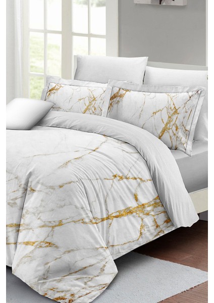Çift Kişilik Lastikli Çarşaflı Pamuk Saten Marble Shiny Nevresim Takımı