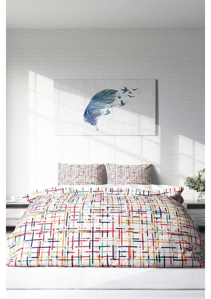 Lastikli Çarşaflı Pamuk Saten Çift Kişilik Colorful Lines Nevresim Takımı modelleri