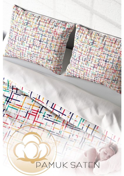 Lastikli Çarşaflı Pamuk Saten Çift Kişilik Colorful Lines Nevresim Takımı fırsatları