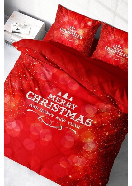 Yılbaşı Çift Kişilik Nevresim Lastikli Çarşaflı Pamuk Saten Red Noel Nevresim Takımı