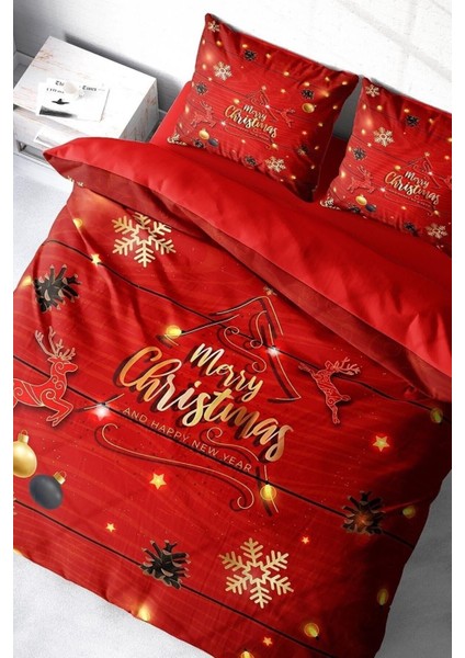 Yılbaşı Çift Kişilik Nevresim Lastikli Çarşaflı Pamuk Saten Tree Noel Nevresim Takımı