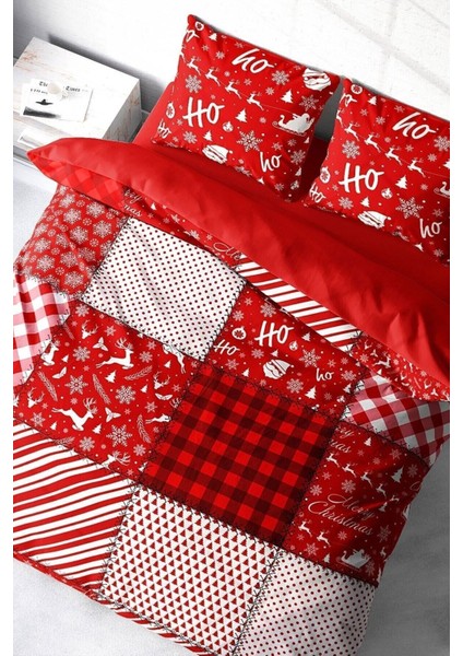 Yılbaşı Çift Kişilik Nevresim Lastikli Çarşaflı Pamuk Saten Ekose Noel Nevresim Takımı