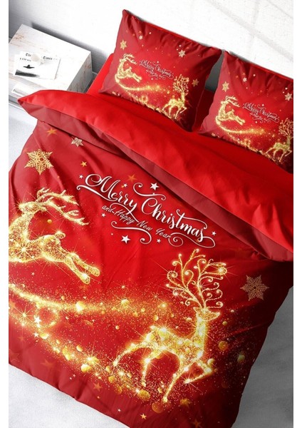 Yılbaşı Çift Kişilik Nevresim Lastikli Çarşaflı Pamuk Saten Deers Noel Nevresim Takımı