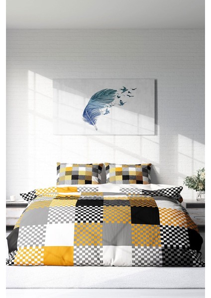 Çift Kişilik Lastikli Çarşaflı Pamuk Saten Checkers Gray Nevresim Takımı