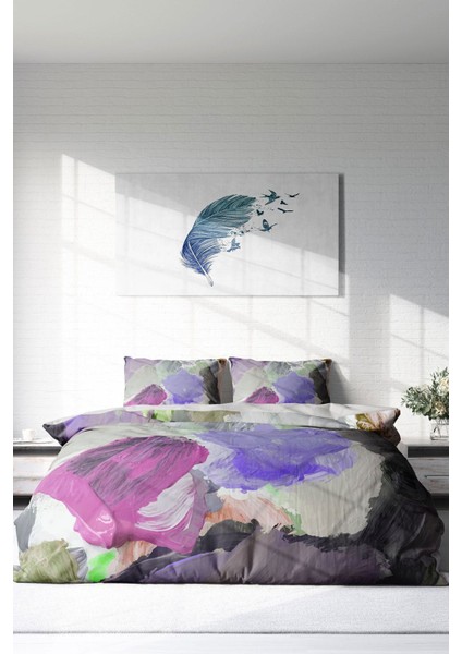 Çift Kişilik Lastikli Çarşaflı Pamuk Saten Brush Strokes Nevresim Takımı
