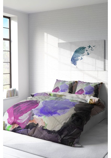 Çift Kişilik Lastikli Çarşaflı Pamuk Saten Brush Strokes Nevresim Takımı