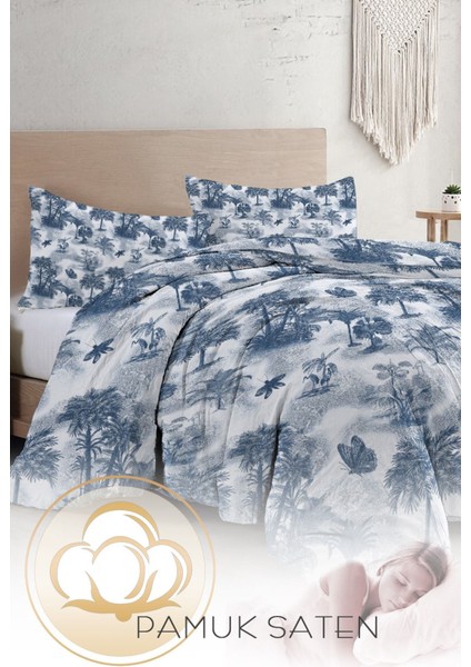 Çift Kişilik Özel Dokuma Pamuk Saten Tuval Koleksiyonu Palm Indigo Nevresim Takımı fırsatları