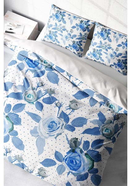 Çift Kişilik Sık Dokuma Pamuk Saten 3D Özel Tasarım Blue Rose Freshness Nevresim Takımı