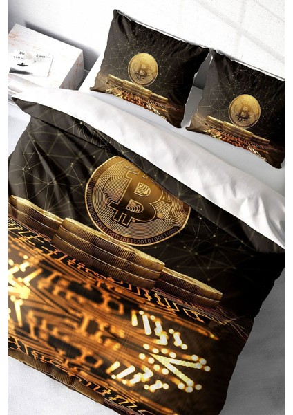 Çift Kişilik Sık Dokuma Pamuk Saten 3D Özel Tasarım Bitcoin-2 Nevresim Takımı