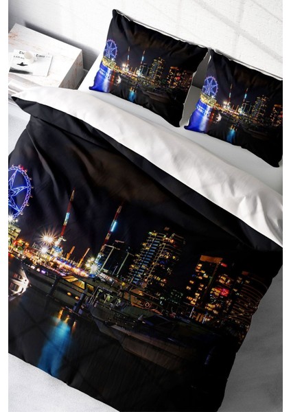 Lastikli Çarşaflı Pamuk Saten Çift Kişilik Harbor Night Nevresim Takımı