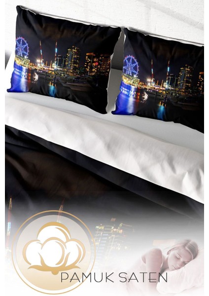 Lastikli Çarşaflı Pamuk Saten Çift Kişilik Harbor Night Nevresim Takımı fırsatları
