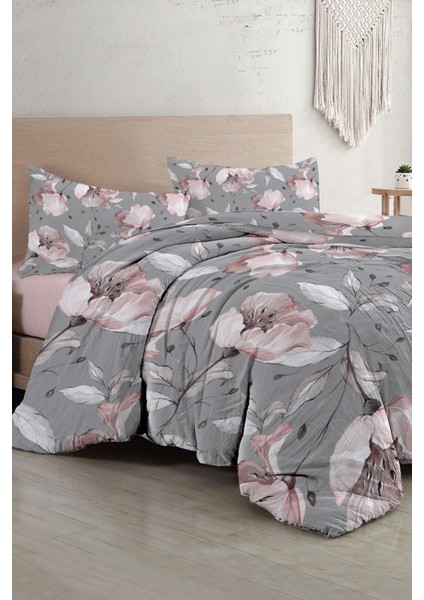 Lastikli Çarşaflı Pamuk Saten Çift Kişilik Gray Rose Nevresim Takımı