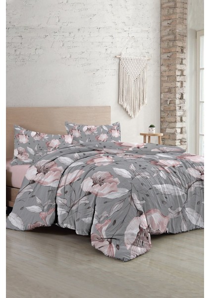 Lastikli Çarşaflı Pamuk Saten Çift Kişilik Gray Rose Nevresim Takımı modelleri