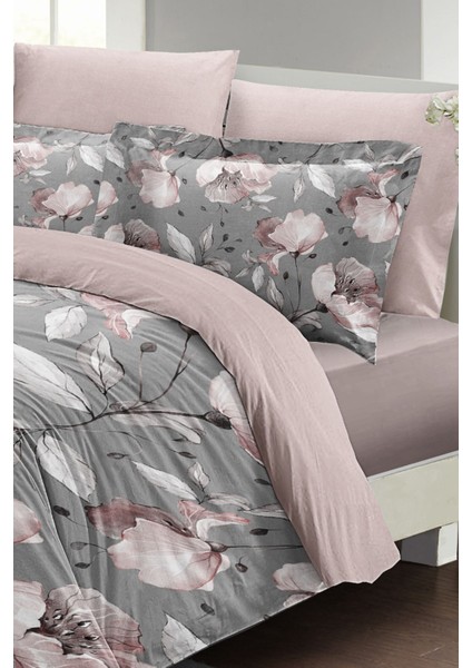 Lastikli Çarşaflı Pamuk Saten Çift Kişilik Gray Rose Nevresim Takımı fırsatları