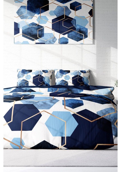 Lastikli Çarşaflı Pamuk Saten Çift Kişilik Blue Hexagon Nevresim Takımı modelleri