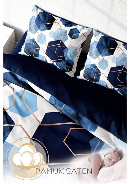 Lastikli Çarşaflı Pamuk Saten Çift Kişilik Blue Hexagon Nevresim Takımı fırsatları