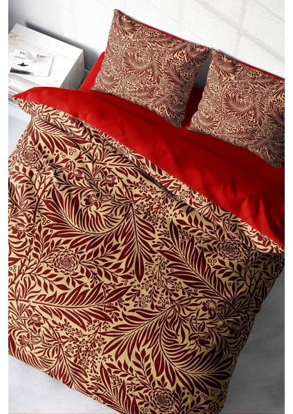Doğal Pamuk Çift Kişilik 3D Digital Red Leaf Nevresim Takımı