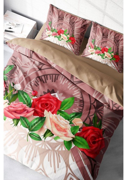 Lastikli Çarşaflı Pamuk Saten Çift Kişilik Brown & Roses Nevresim Takımı