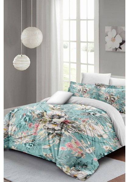 Çift Kişilik Lastikli Çarşaflı Pamuk Saten Floral Desing Luxury Nevresim Takımı