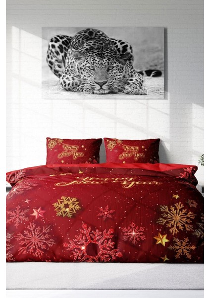 Yılbaşı Çift Kişilik Nevresim Lastikli Çarşaflı Pamuk Saten Happy Nevresim Takımı