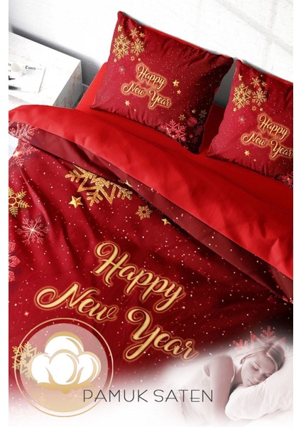 Yılbaşı Çift Kişilik Nevresim Lastikli Çarşaflı Pamuk Saten Happy Nevresim Takımı fırsatları