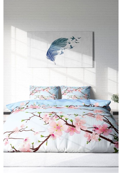 Çift Kişilik Lastikli Çarşaflı Pamuk Saten Blue Cherry Blosom Nevresim Takımı