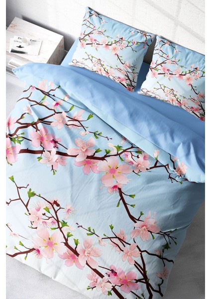 Çift Kişilik Lastikli Çarşaflı Pamuk Saten Blue Cherry Blosom Nevresim Takımı modelleri