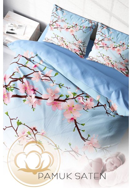 Çift Kişilik Lastikli Çarşaflı Pamuk Saten Blue Cherry Blosom Nevresim Takımı fırsatları